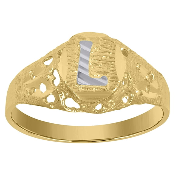 10kt 10k Two-Tone Gold Mens Diamond-Cut Textured Oval Initial Letter L Band Ring
