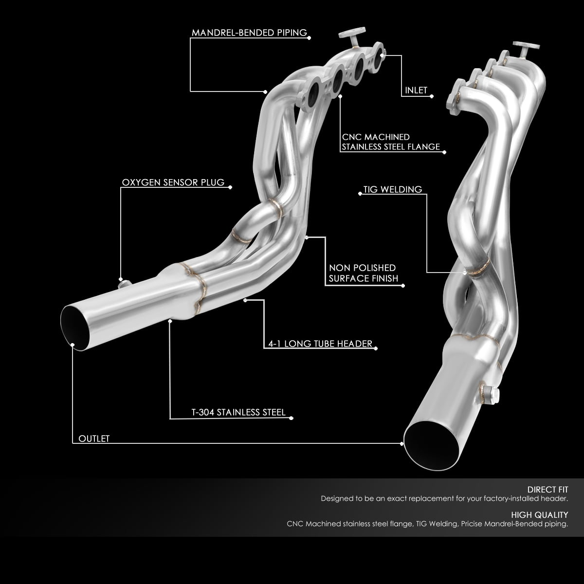 DNA Motoring J1-HD-NP-020 For 1998 to 1999 Chevy Camaro Pontiac Firebird 5.7L Pair Stainless Steel Long Tube Exhaust Manifold Header Set