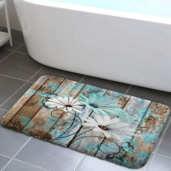 Farmhouse Floral Flower Bath Mat, Teal Daisy Rustic Wooden Plank Country Barn Wood Turquoise Blue Non-Slip Flannel Soft Doormat Floor Entryways Outdoor Indoor Front Door Mat, 16X24