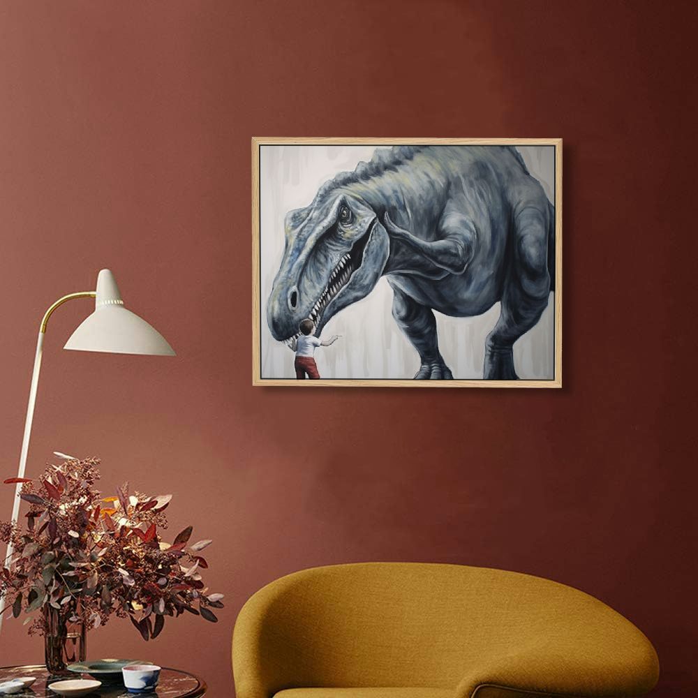 JRXY Dinosaur Room Decor for Bedroom Kitchen Bathroom Painting Wall Art Print Poster, Lovely Baby Boy Touching Dinosaur in The Forest Canvas Art Home Office Apartment Decor for Teens Picture 3