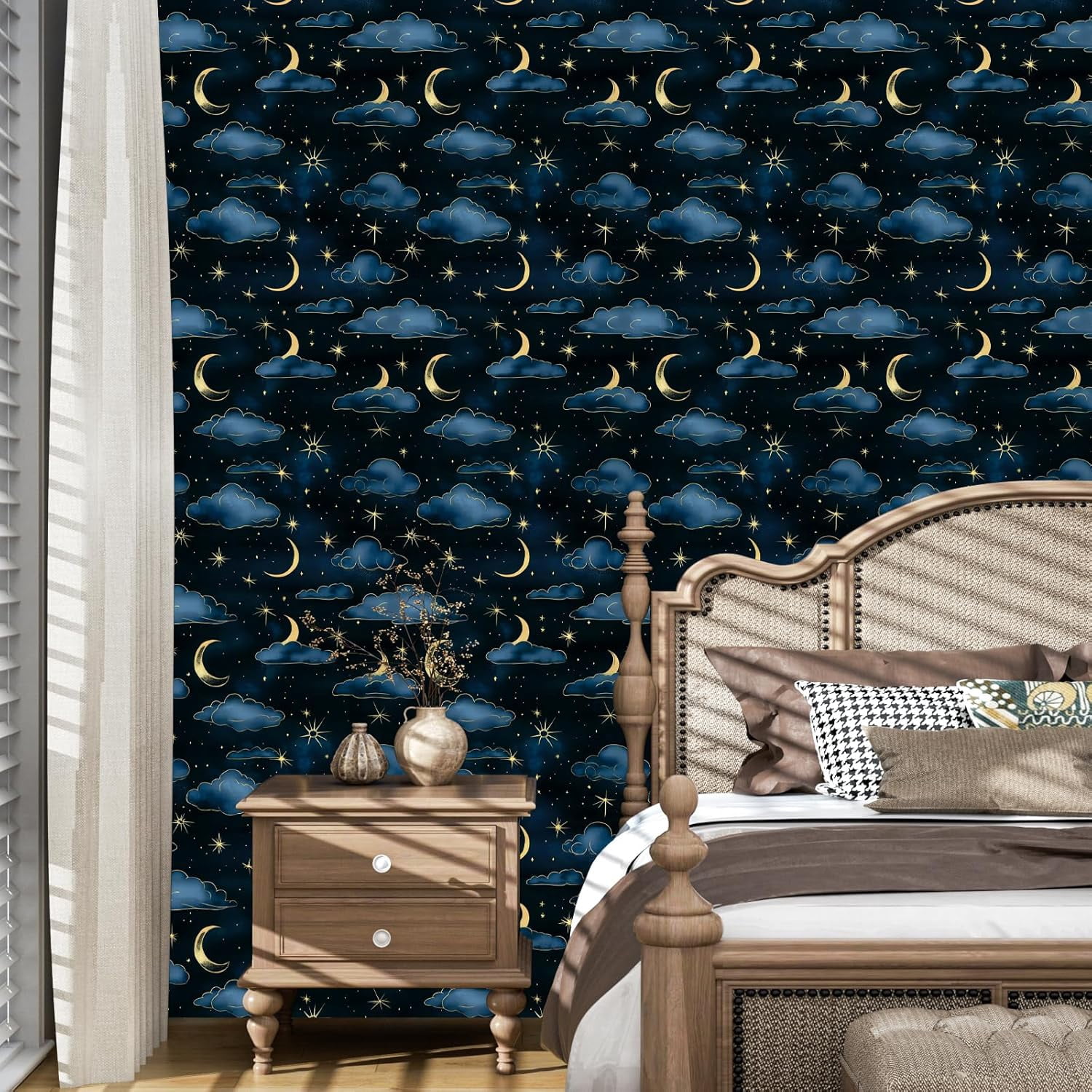 Cloudy Starry Night Peel and Stick Wallpaper Vintage Green Leaf Contact Paper Dark Floral Wall Mural Home Vinyl Waterproof Self Adhesive Removable Renter Friendly Wall Paper 17.5" x 118"