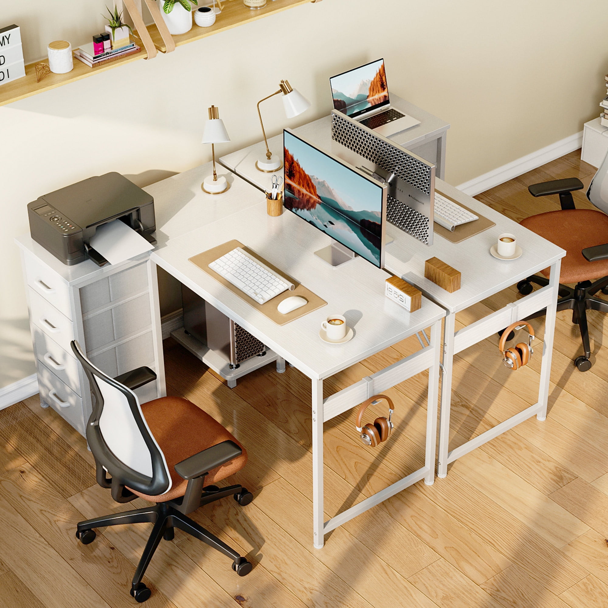 48 inch Computer Desk with 4 Fabric Drawers — Home Office Desks with Storage, Writing Desk with Side Hook, Desk Study/Work Table for Bedroom and Small Space, White