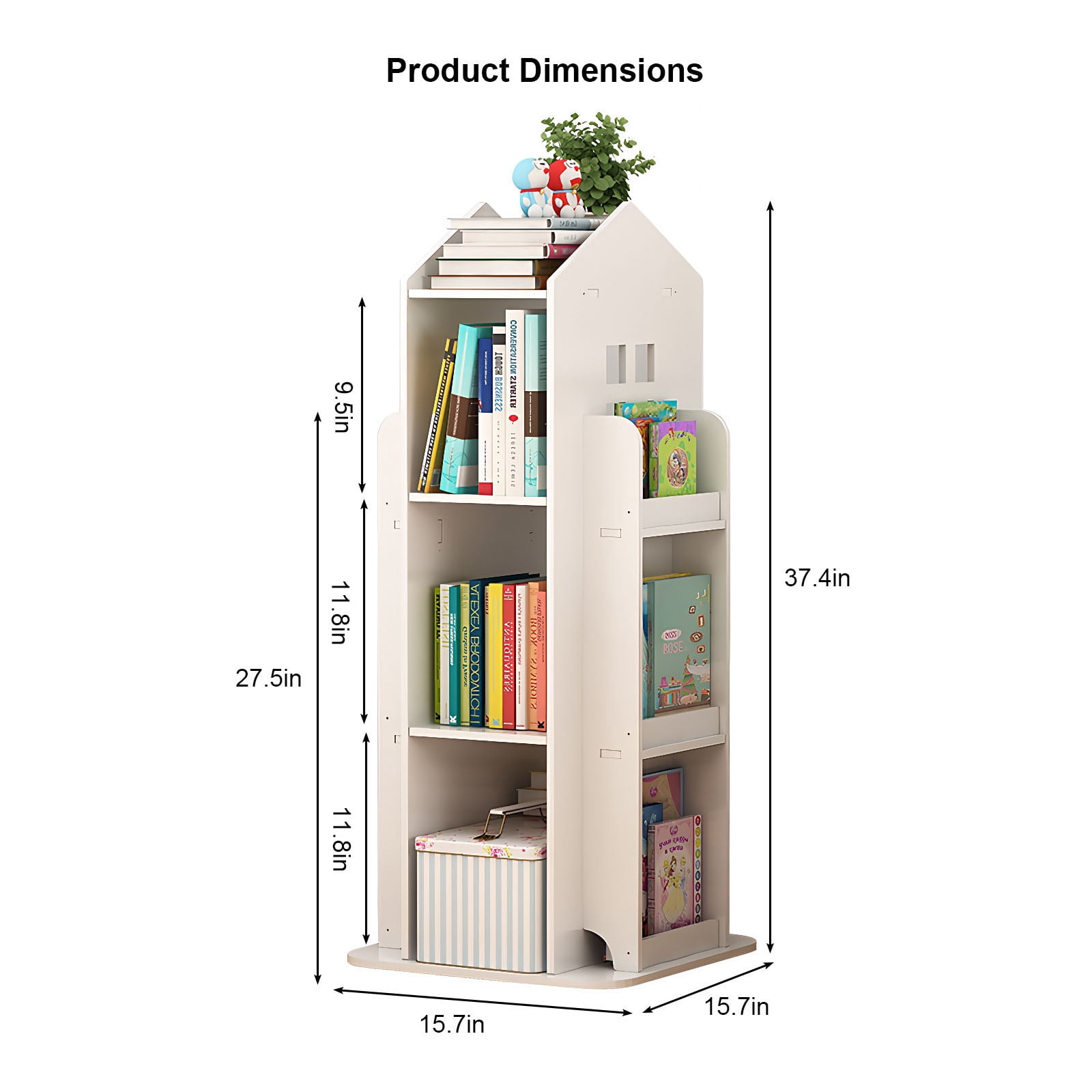 4-Tier Rotating Bookshelf, 360 Degree Display Book Shelf for Bedroom Living Room Study Room, Floor Standing Bookcase for Kids, PVC Wood-Plastic Board, White