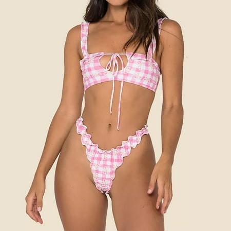 Brondbend Swimsuit for Women 2025 Floral Prints Keyhole Neck Tie Front Swimsuit Sets Sexy High Waist Thong Bottom Two Piece Bikini Swim Suit Stylish Womens Fashion for Casual Holiday Deals Pink M