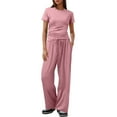 thumbnail image 2 of WENWU Women 2 Piece Casual Suit Pleated Short Sleeve Top and High Waisted Wide Leg Pants Tracksuit Set plus Size Jumpsuits Dressy Pant Suits for Women, 2 of 5