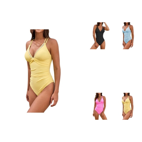 Solid Color Womens One Piece Swimsuit with V-Neck, Tummy Control, and Crisscross Sexy Back Design