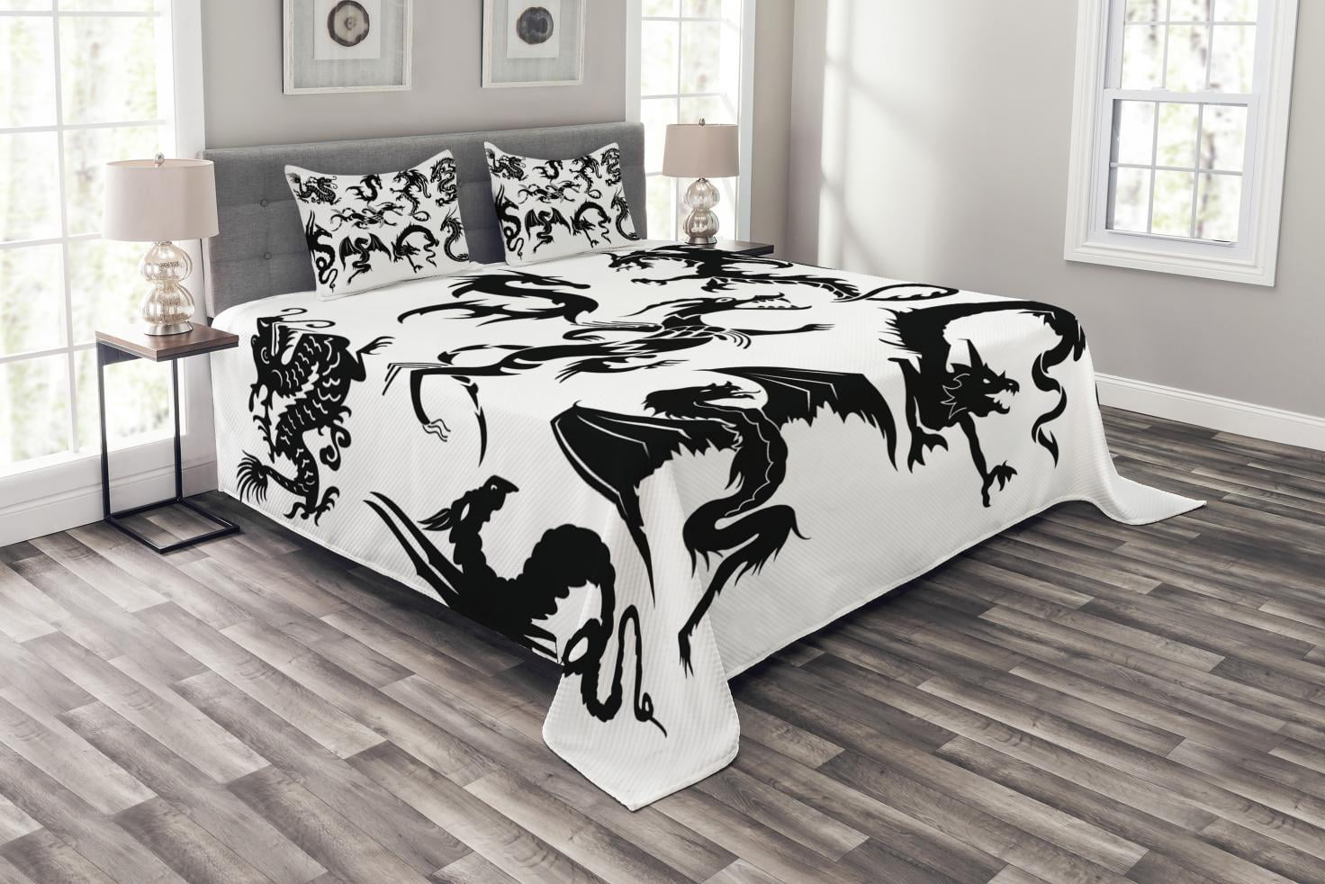 Japanese Dragon Bedspread Set Queen Size, Monochrome Style Cultural ...