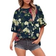thumbnail image 2 of V-Neck Women's Short Sleeve T-shirt Summer Tops For Women Short Sleeve Crewneck Oversized T Shirts Trendy Solid/Flower Printed Beach Vacation Clothes,Blue Women's Short sleeve T-shirt XL, 2 of 6