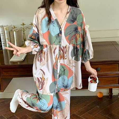 

CoCopeaunt 100% Cotton Floral Printed Ladies Kimono Style Pajamas Set Loose Thin V-Neck Three Quarte Sleeves 2Pcs Sleepwear Loose Homewear