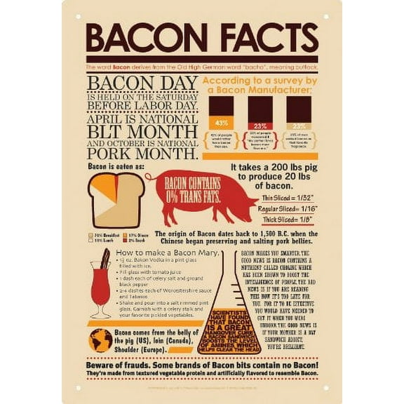 Tin Sign - Bacon Facts Metal Plate New Licensed Gift Toys 30010