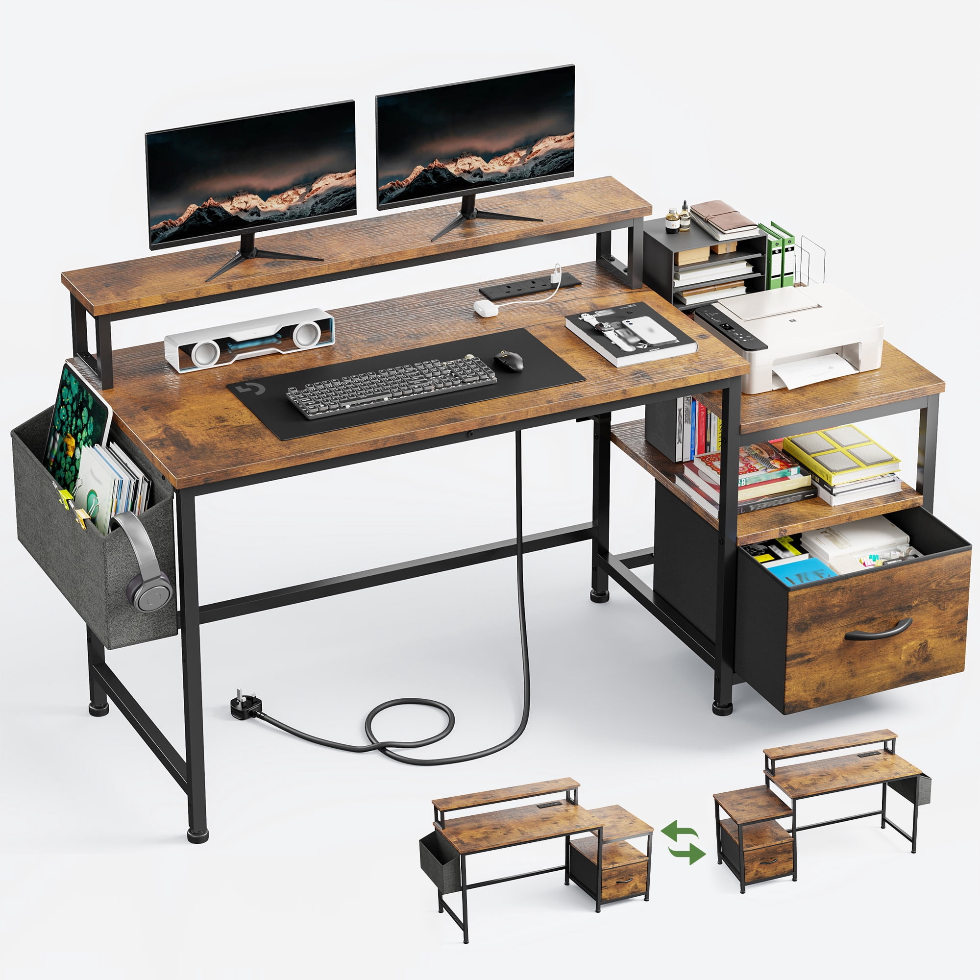Romorgniz 57" Office Desk with Reversible Shelves and Drawer, Computer Desk with Monitor Stand and Side Pocket, Brown Writing Table with Power Outlets