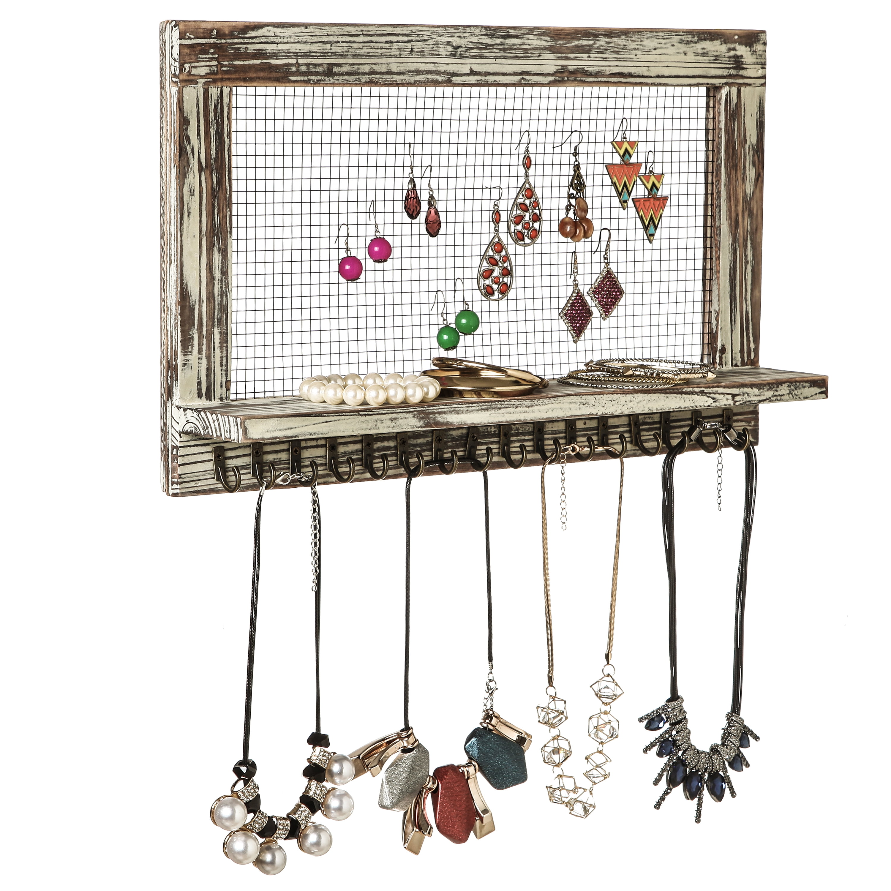 MyGift Distressed Wood Wall Mounted Jewelry Earring Bracelet Organizer