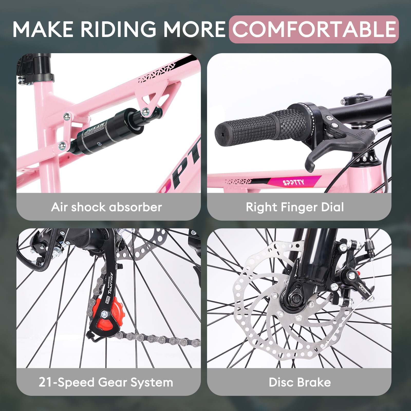SPPTTY 26" Mountain Bike,Full-Suspension 21 Speed Drivetrain, Disc Brakes,Bicycle for Men Women Rose Gold