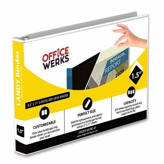 8.5" X 11" Landscape View Binder, 3-Ring Binder 1.5 Inch Capacity Round Ring, White Horizontal Formatted Binder with Clear Cover Pockets for Documents, Spreadsheets, Projects and More