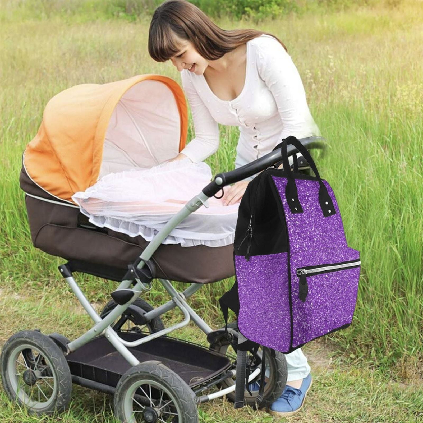 Ratiio Glitter Purple Mummy Backpack - Waterproof Twill Canvas, Large Capacity Diaper Bag with Multiple Pockets and Adjustable Straps