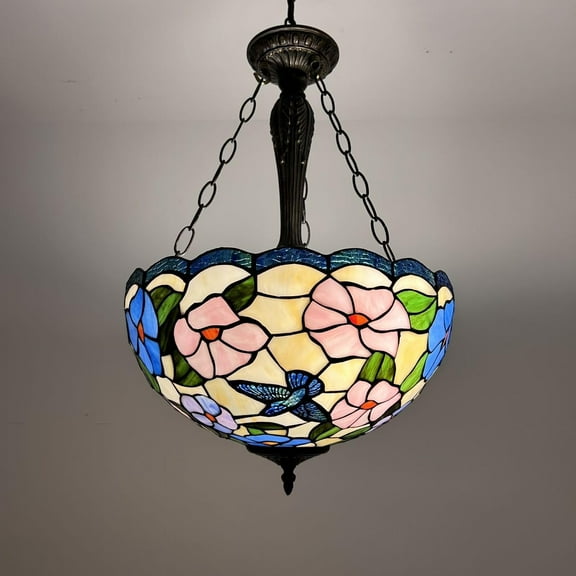 Tiffany Pendant Lights Ceiling Lights Pink Blue Stained Glass Hummingbird Flowers LED Bulbs Included for Dining Room Living Room Bedroom 16"W*16"D*60"H