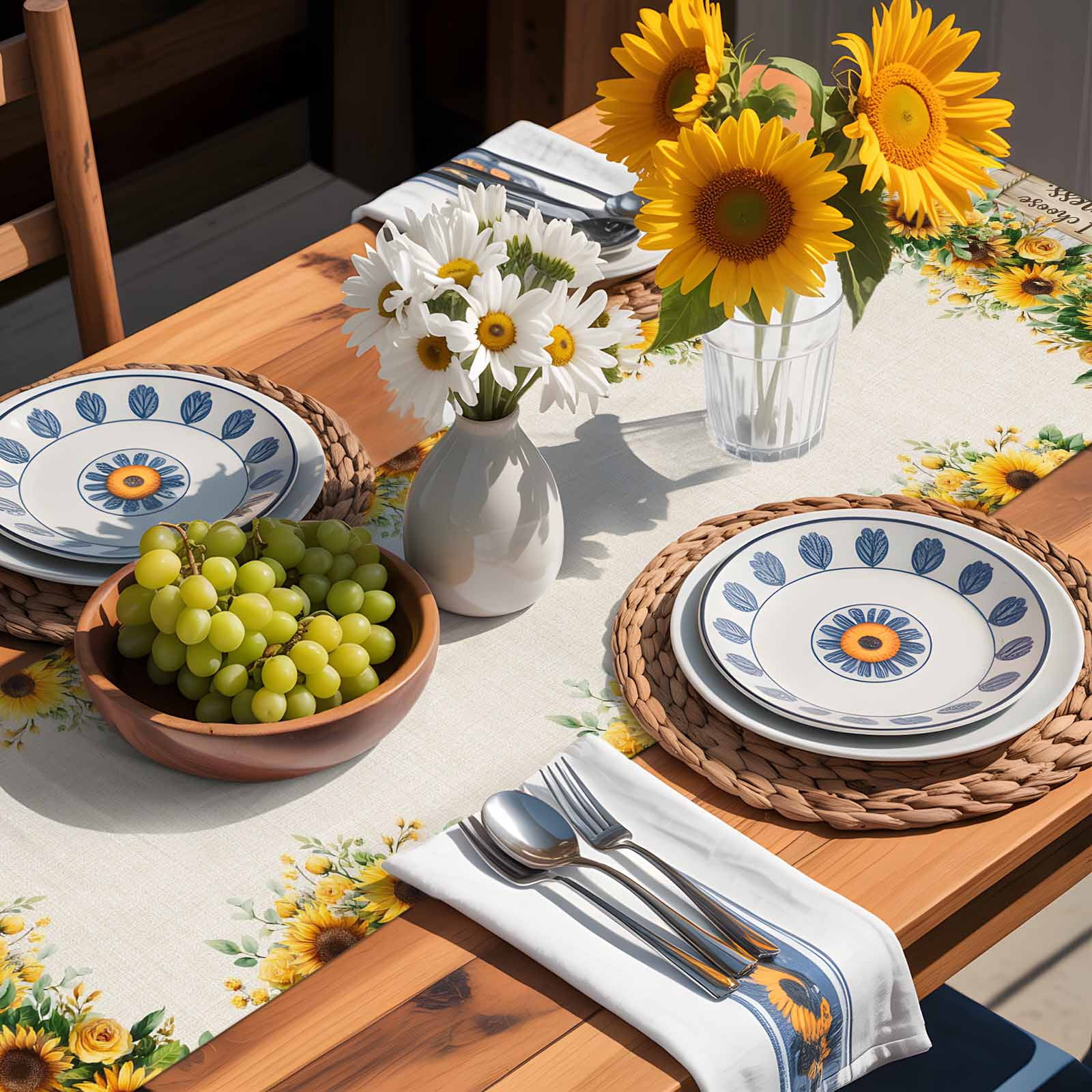Kitchen Table Runner 90 Inches Long, Farm Cow Rooster Pig Sunflower Cotton Linen Table Runners for Dining Tables Home Holiday Party Wedding, Rustic Animals Wood Barn Tabletop Scarf