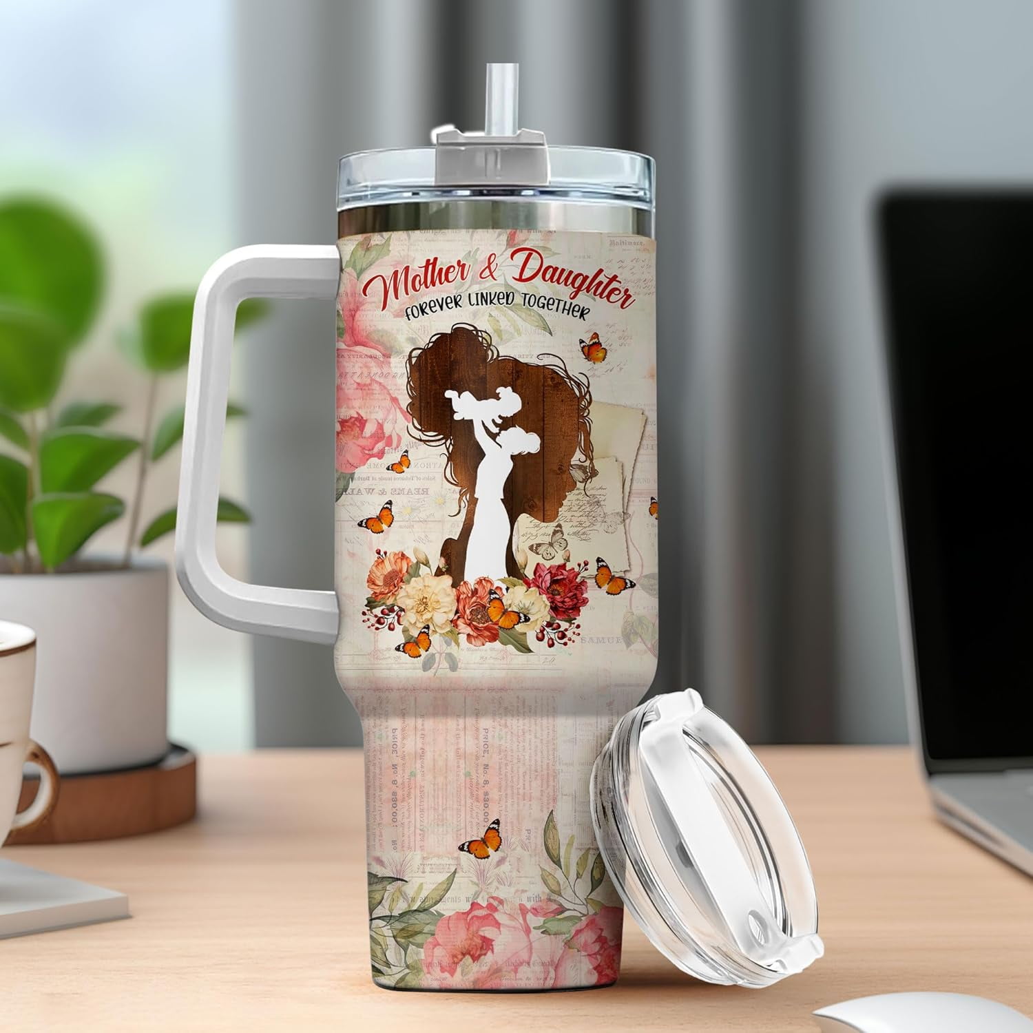 Tumbler 40 Oz With Handle Lid And Straw, Mom Gifts, Butterfly Stainless Funny Primrose Modern Be Cups Coffee Quartz Mama Parade Cup Hot Yellow For Day To, Mother Daughter Floral
