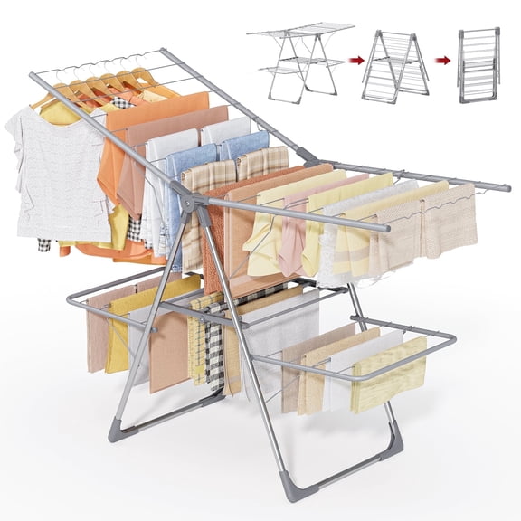 Sakugi Clothes Drying Rack, 2-Tier Foldable Laundry Drying Rack for Clothing with 32 Rods, Rustproof, Freestanding, for Indoor & Outdoor, 55" x 22.8" x 36.5", Gray