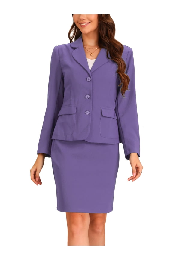 Women's 2 Piece Business Suit Collared Button Down Blazer Pencil Skirt Work Skirt Set L Dark Purple