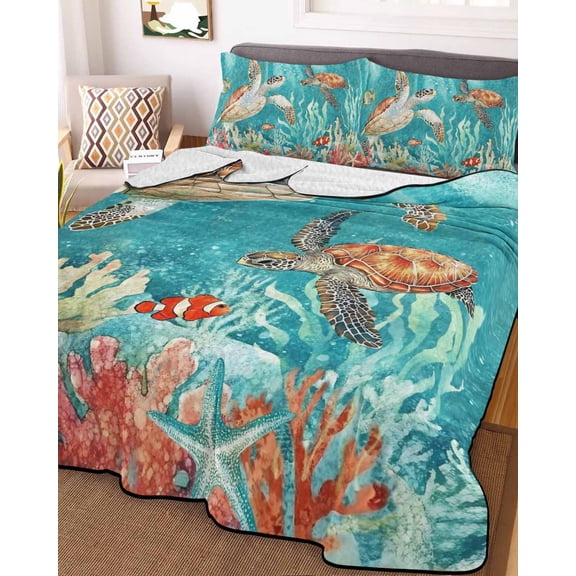 Brown Sea Turtle Coastal Queen Size Down Alternative Comforter,Lightweight Comforter Quilt Bedding Set with Pillow Shams Teal Summer Beach Coral Nautical Bed Comforter Duvet Insert 90"x96"