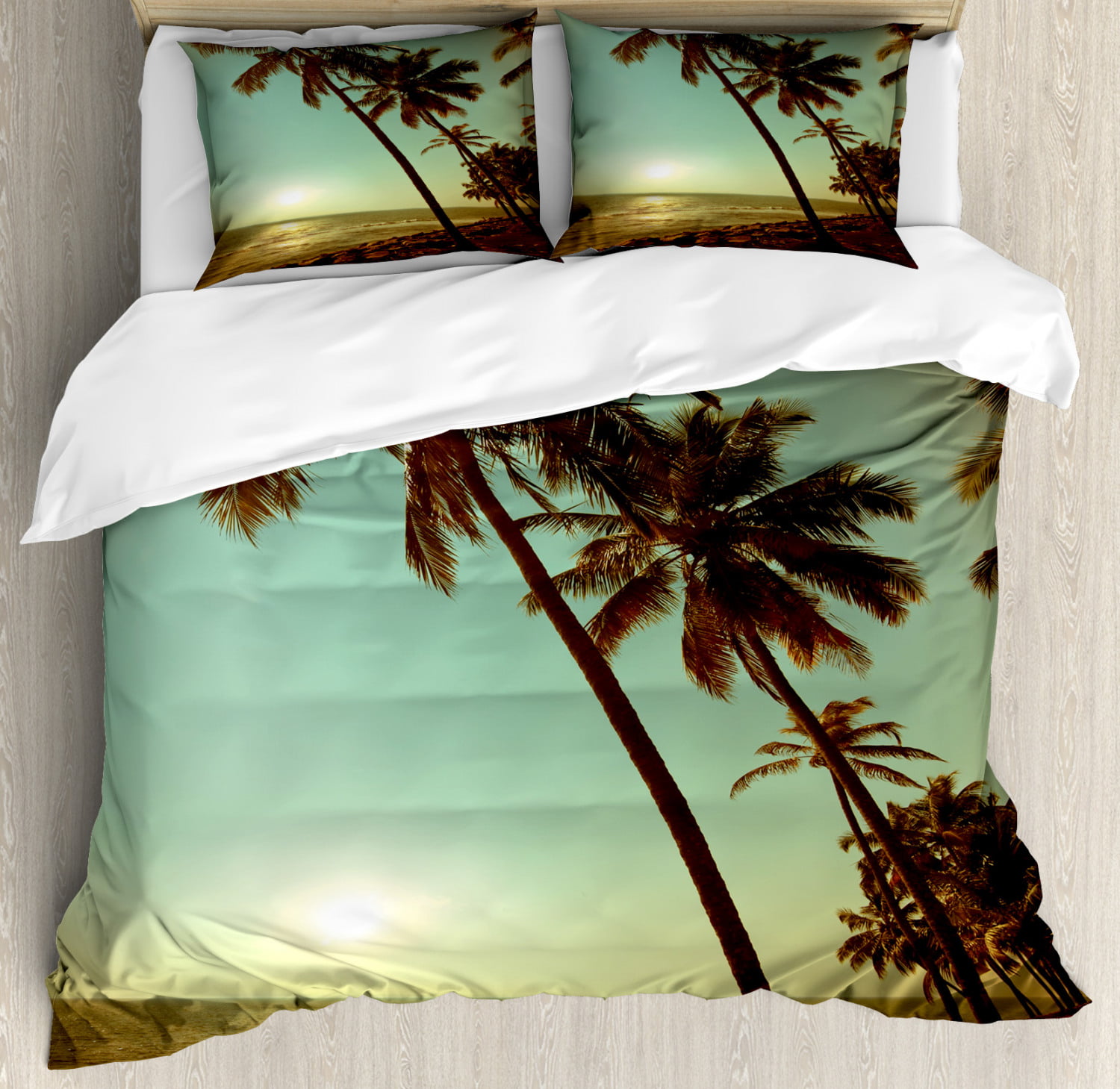 Tropical Quilted Bedspread & Pillow Shams Set Palm Trees Exotic Print 