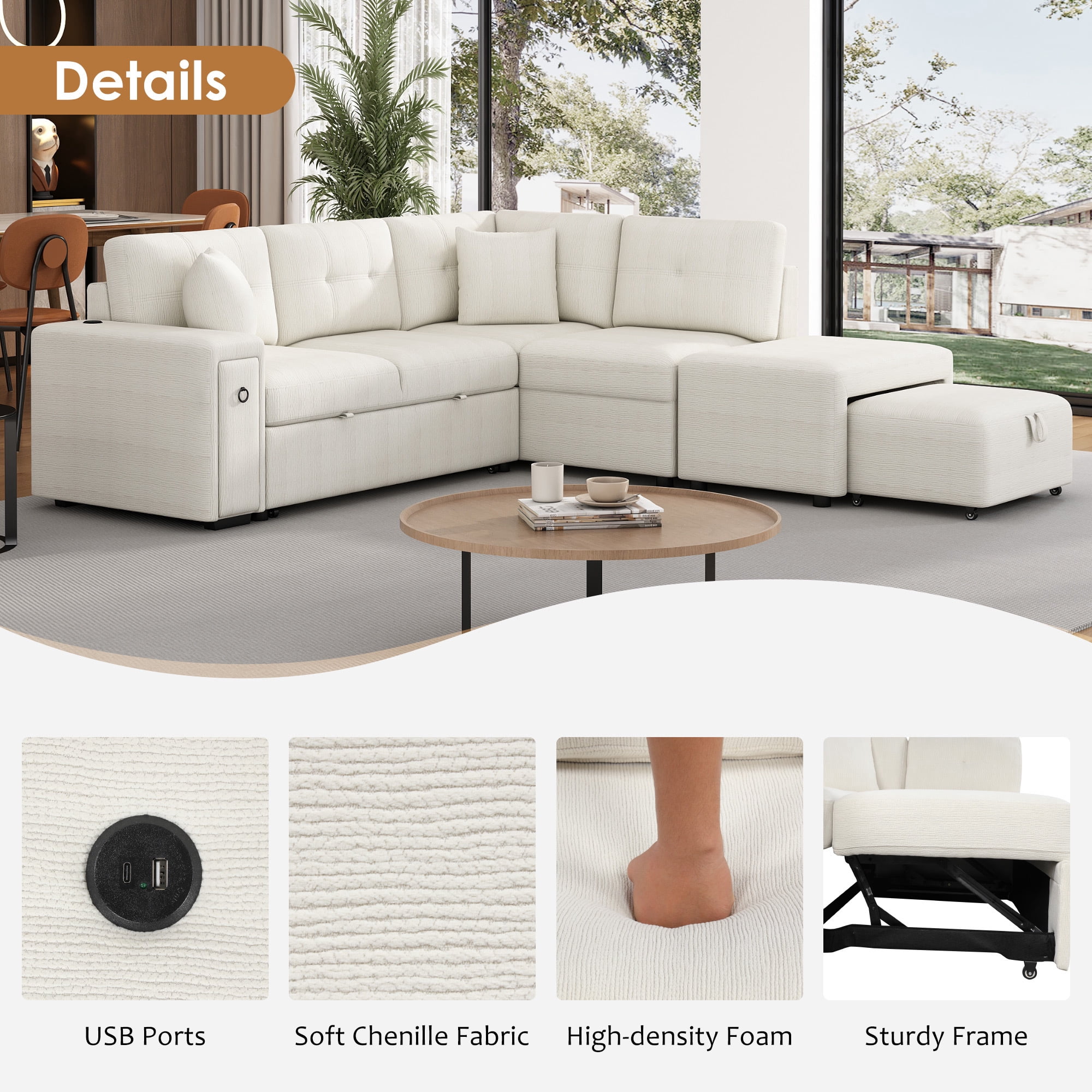 EUROCO Chenille Convertible L Shaped Sectional Couch,Modular Sectional Sleeper Sofa with Pull Out Couch Bed,1 Movable Ottoman,2 USB Ports and 2 Cup Holders for Living Room Apartment,86.6"×74"