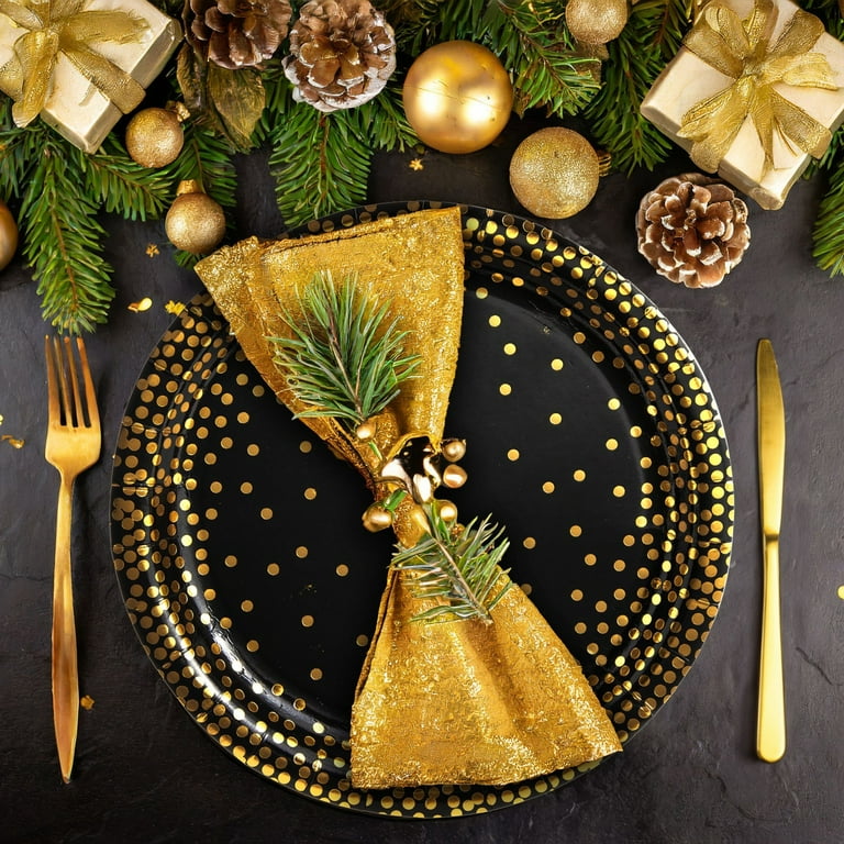48 Pack Black and Gold Paper Plates for Birthday Party Supplies Graduation New Years Eve 9 In