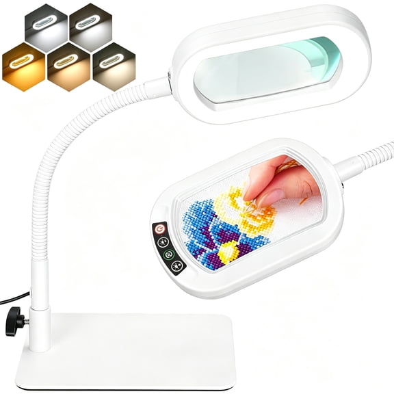 Magnifying Glass with Light and Stand, Flexible Gooseneck LED Lighted Desk Lamp, 5 Color Modes Stepless Dimmable, Hands Free Magnifier for Reading Painting Close Work