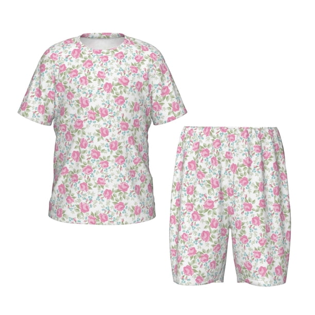 Fotbe Floral Pijama Estampada de 2 Piezas para Niños – Ropa de Dormir de Manga Corta Cómoda para Niños y Niñas, Camiseta y Shorts de Algodón-Large