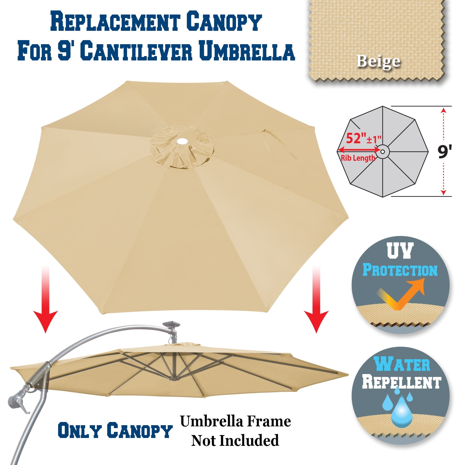 Replacement Canopy for 9ft 8rib Solar Powered Patio Umbrella Polyester Top Cover 