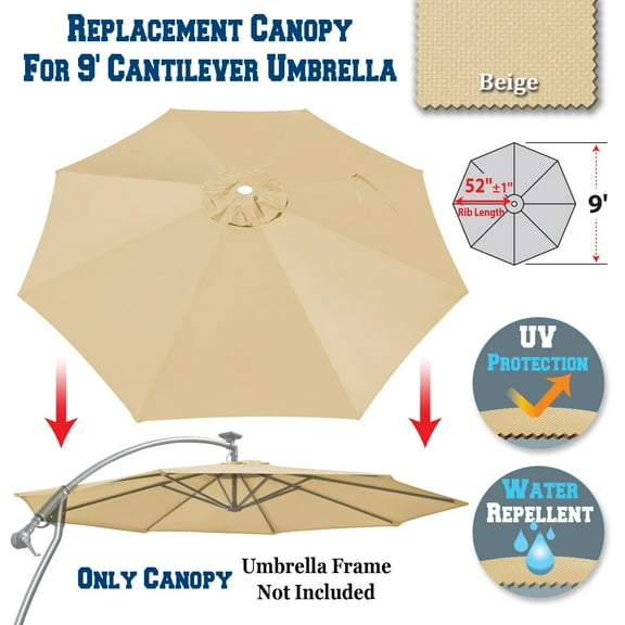 Sunrise 9ft 8 Ribs Outdoor, Patio Cantilever, Hanging Umbrella Cover Canopy, Replacement Cover Top, Beige (Cover Only, Umbrella Frame not Included)
