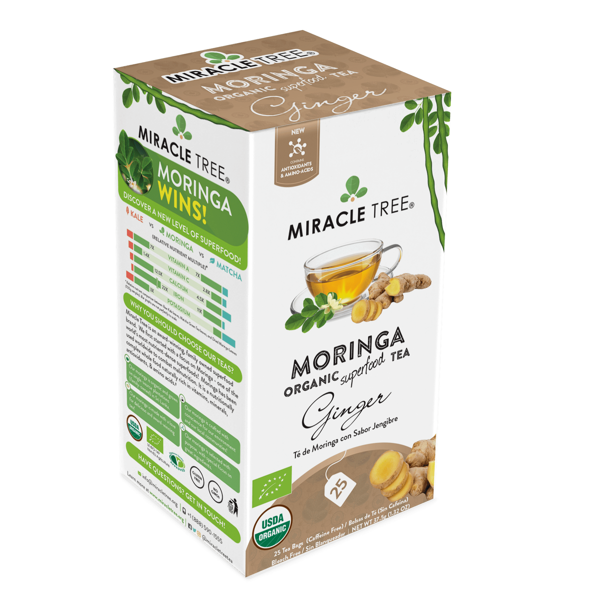 Miracle Tree Organic Moringa Ginger Tea, 25 Enveloped Tea Bags, 6 Count