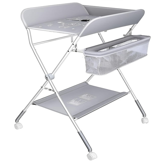 Table à Langer pour Bébé avec Roues, Table à Langer Pliable Station de Change pour Couches de Bébé avec Hauteur Réglable à 4 Niveaux, Gris