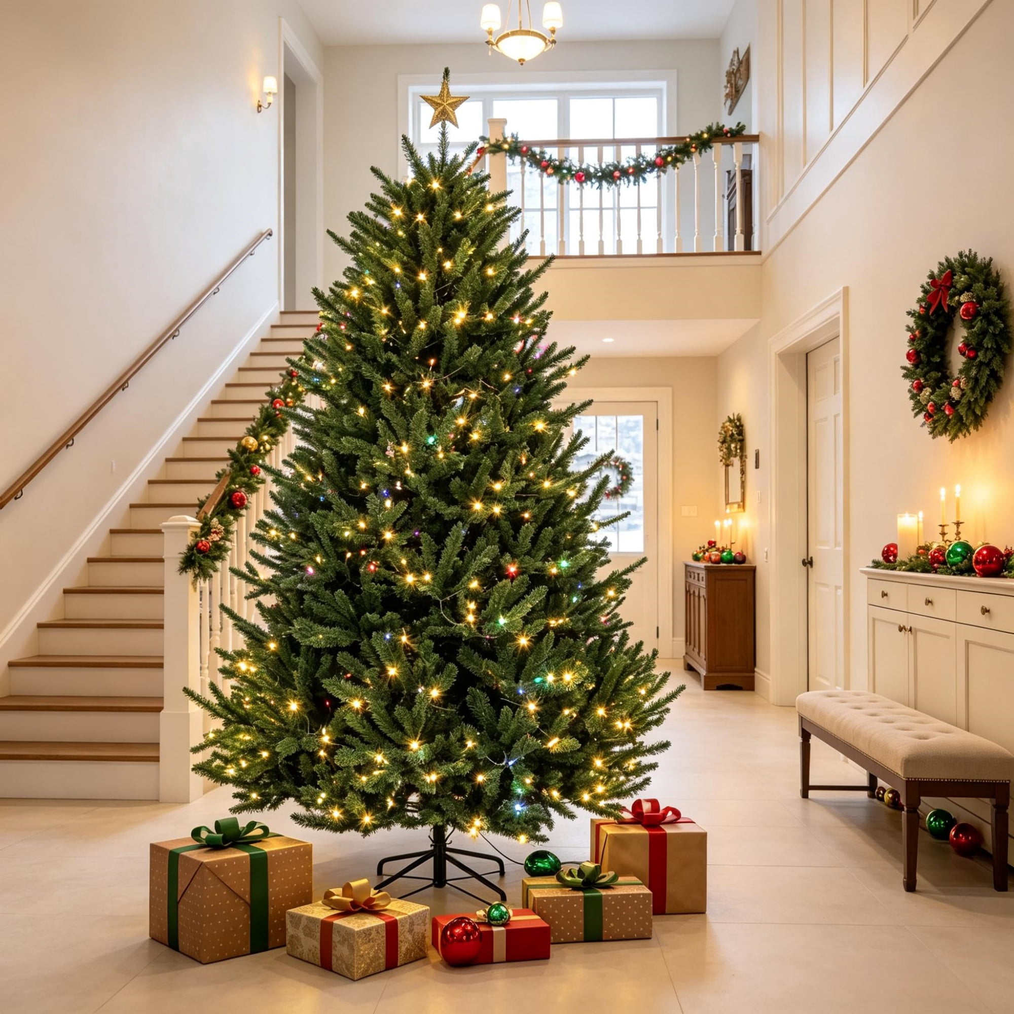 6 ft Pre-Lit Christmas Tree with Dual-Color LED Lights, 1492 Tips, 11 Lighting Functions, Hinged PVC Foliage and Metal Stand
