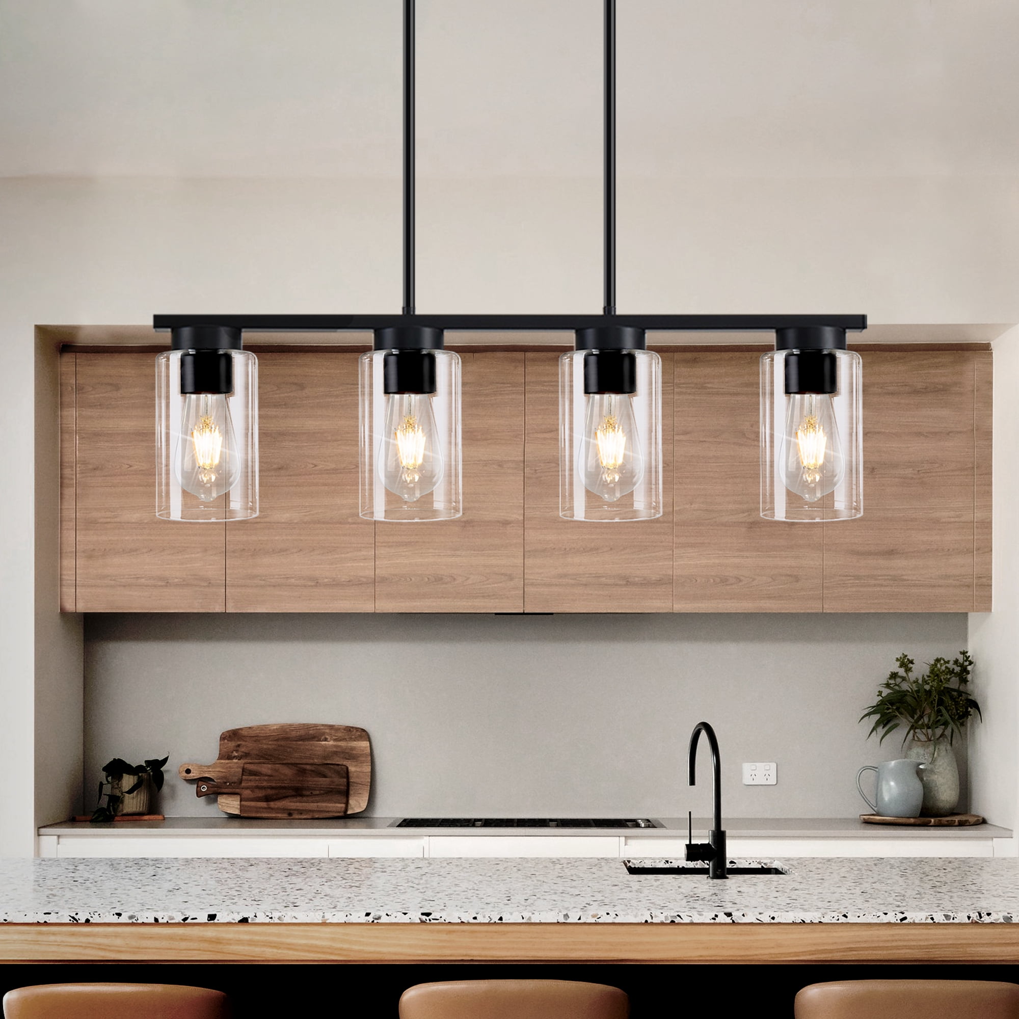 Auffel Pendant Lights Kitchen Island with Clear Glass,4-Light Dining Room Light Fixtures over Table Farmhouse Industrial Linear Chandelier 27 Inch