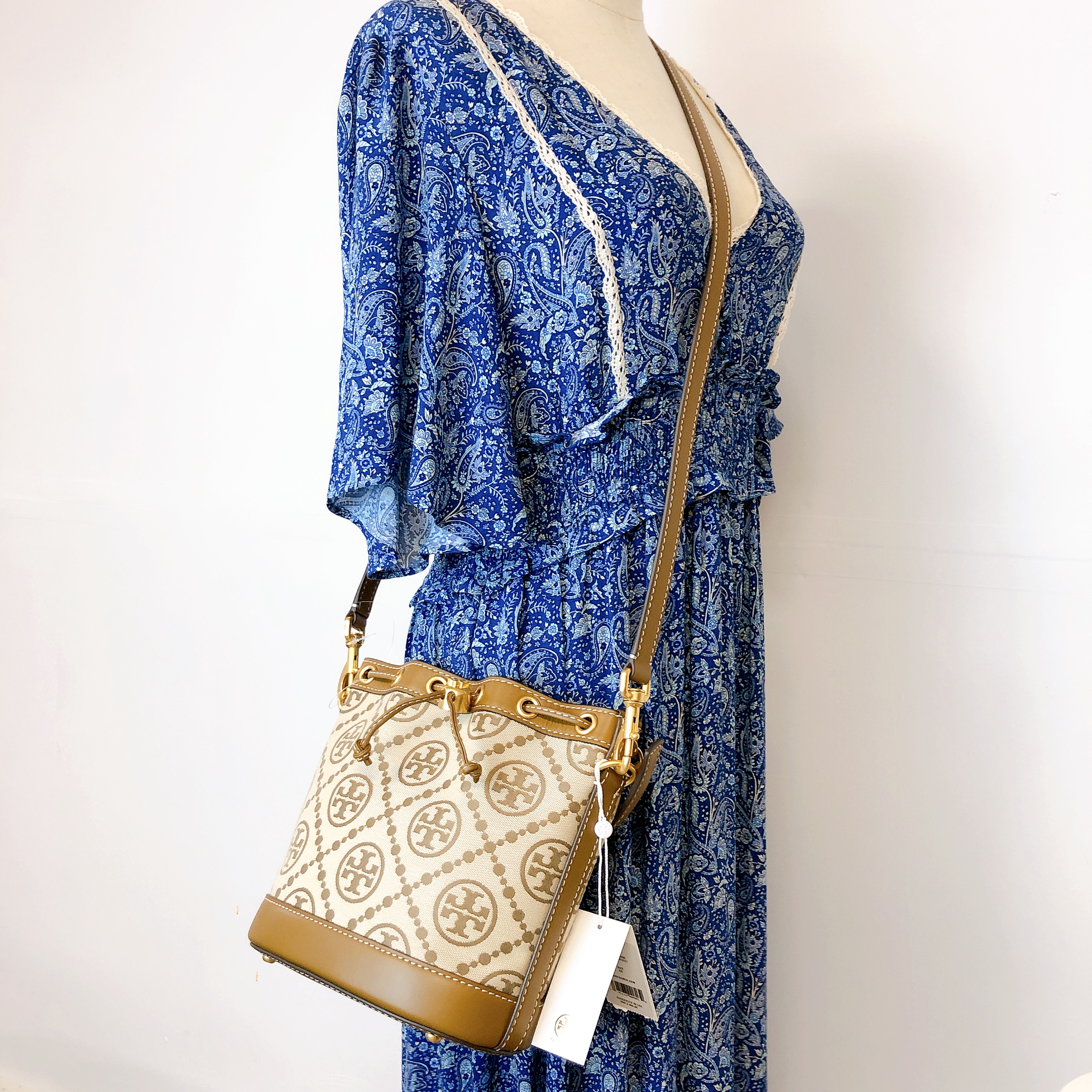 Tory Burch Brown Fabric and Leather Adalyn Bucket Bag Tory Burch