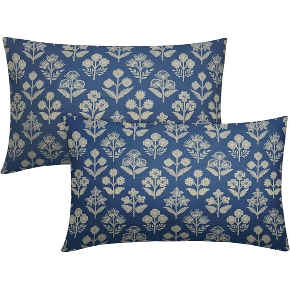 Blue Pillow Covers 12x20 Inch Set of 2, Cream Floral Block Print Pattern Lumbar Decorative Throw Pillowcases Outdoor Farmhouse Rectangle Cushion Covers Spring Summer Sofa Couch Bed Decor