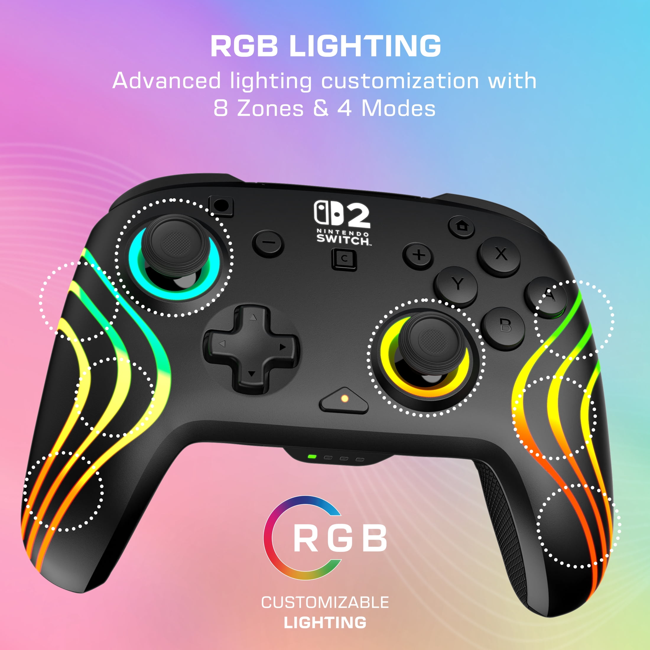 Manette de gaming RGB sans fil Turtle Beach Afterglow Wave (Noir) - Sous licence officielle pour Nintendo Switch 2, Nintendo Switch - Éclairage personnalisable, Sticks TMR, RGB
