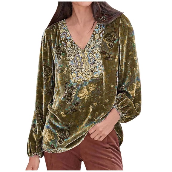 Smupbvky Velvet Tops for Women Dressy Floral V Neck Shirts Puff Long Sleeve Casual Fall Vintage Tops Vacation Outfit (XL, Yellow)