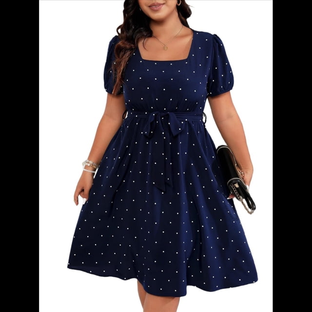 Vestido Elegante de Talla Grande con Lunares Retro, Cuello Cuadrado y Lazo en la Cintura para Mujer Azul Oscuro XXL