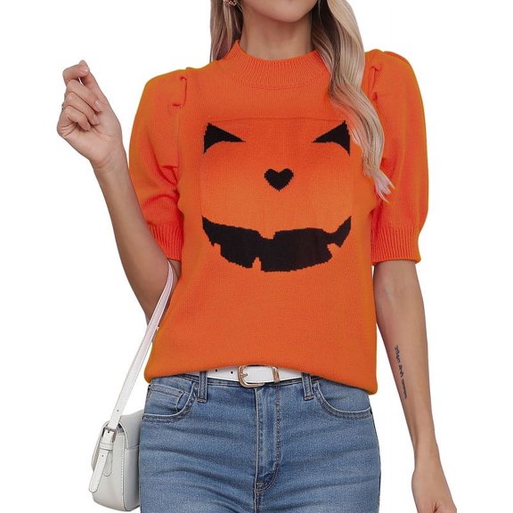 Pumpkin Ghost Face Graphic Sweaters for Women Halloween Day Crew Neck Pullover Sweater Cute Puff Short Sleeve Juniors Girls Sweater Blouse Shermie