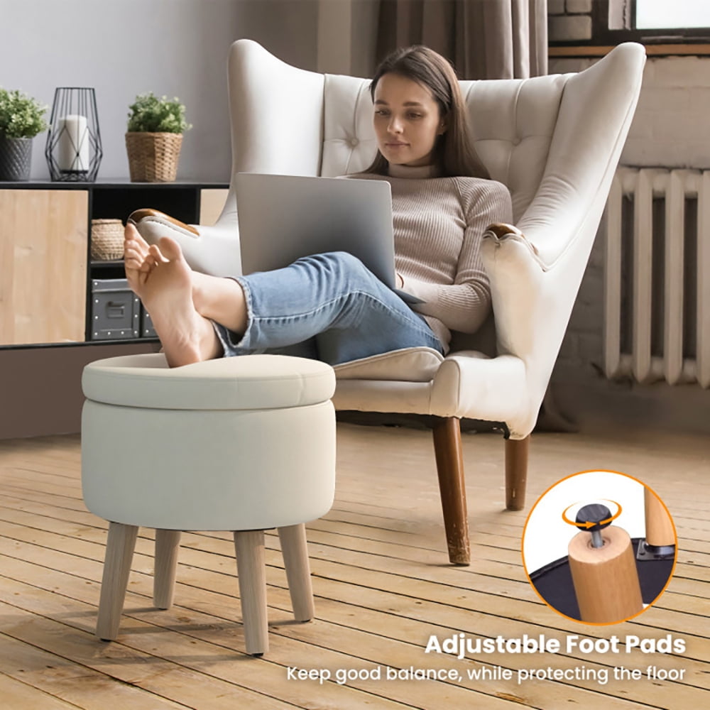 Finihen Storage Ottoman Foot Stool, Vanity Stool with Storage, Round Storage Ottoman with Rubber Wood Legs and Adjustable Foot Pads, for Makeup Room, Living Room, Bedroom, Beige Finihen Storage Ottoman Foot Stool, Vanity Stool with Storage, Round Storage Ottoman with Rubber Wood Legs and Adjustable Foot Pads, for Makeup Room, Living Room, Bedroom, Beige