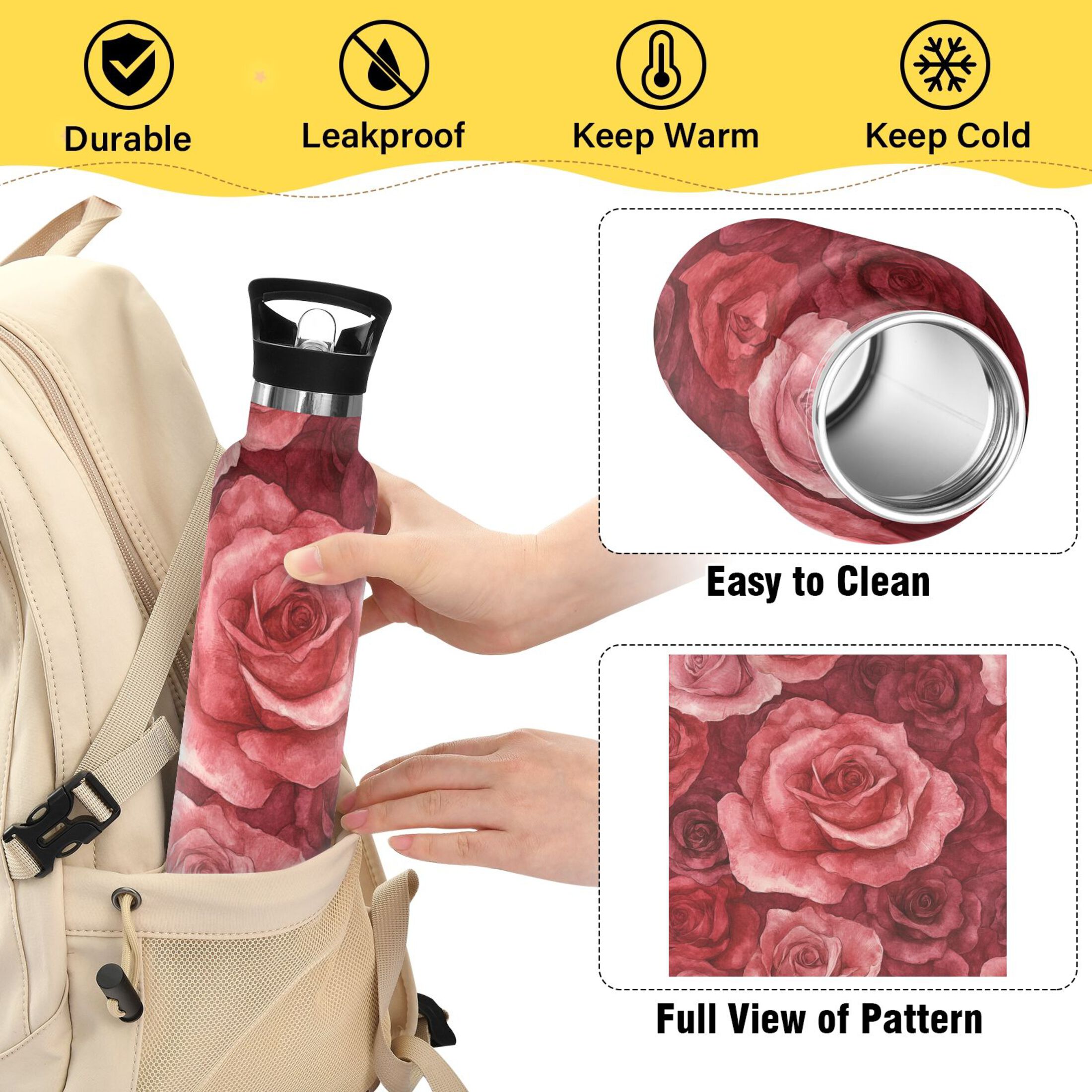 600ML Stainless Steel Insulated Cup Sports Water Bottle Portable Thermos Cup Water Glasses Insulated Tumblers Convenient and Durable Red Roses
