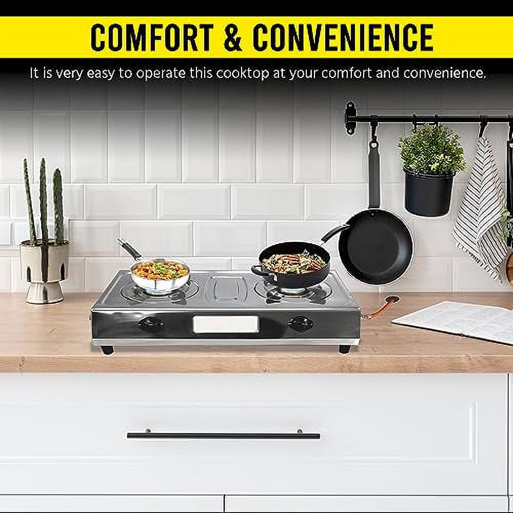 Sonret gas stove portable 2 burner, double gas stove stainless steel camping stove -propane portable cooktop indian style gas stove For Cooking Outdoor on 2 burner gas stove - With Hose & Regulator