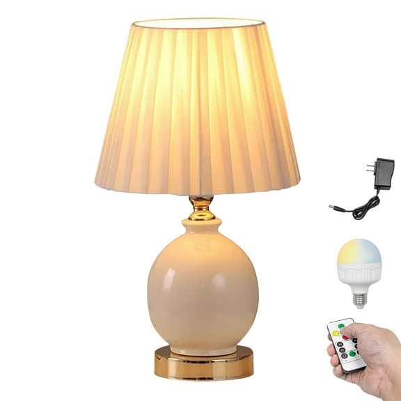 Kiven Cordless Table Lamp, Dimmable Ceramic Desk Lamp with Flaxen Barrel Fabric Lampshade, Farmhouse Rechargeable Nightstand Lamp for Reading Home Decor Bedside,1-Light