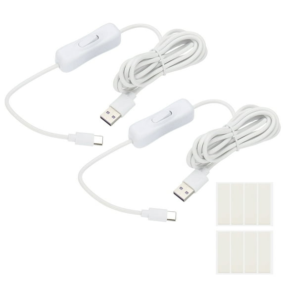 Uxcell 2M USB Cable with ON/Off Switch, 2 Pcs USB Male to Type-C Male Extension Cord with Foam Double-sided Tape for LED Desk Lamp LED Strip, White