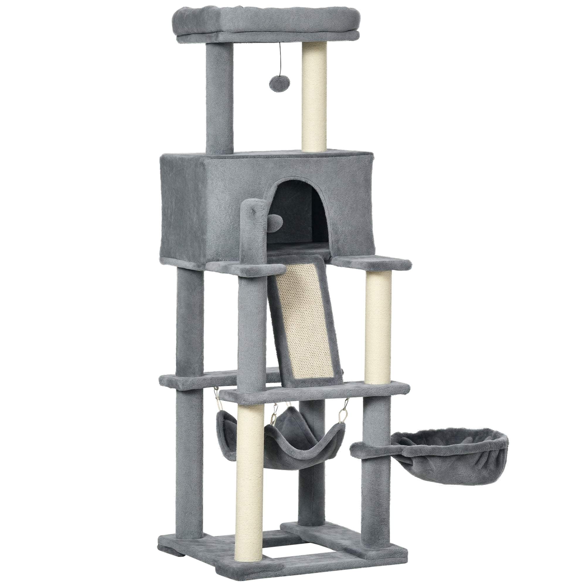 CoSoTower 55" Cat Tree for Indoor Cats, Cat Tower, Kitty Activity Center with Cat Bed Ramp Condo Hammocks Hanging Ball Toys Sisal Rope Scratching Post, Grey