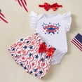 thumbnail image 2 of Faraee Baby Girls Summer Clothes 4th of July 3 Piece Outfit Ruffle Sleeveless Romper Bloomers Shorts Bow Headband Independence Day Set (1-3 M,Blue), 2 of 3