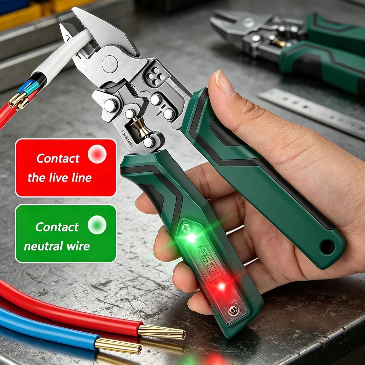 WEERSHUN 8-in-1 Wire Stripper Tool, Stainless Steel Electrical Pliers with Voltage Tester, Heavy Duty Crimper & Cutter for Home DIY & Industrial (k)